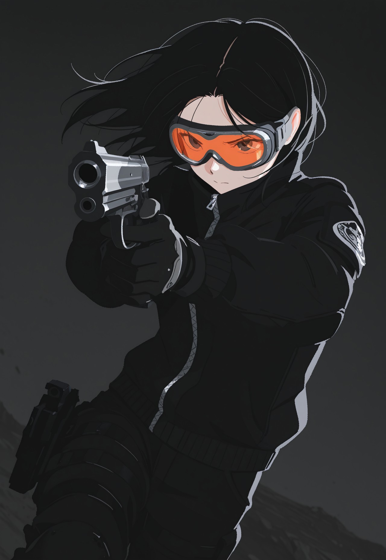 masterpiece, best quality, newest, absurdres, highres, no lineart,.very aesthetic, dramatic, solo, MALE, serious look, black hair, medium hair, hair down, biker Goggles over head, closed motocross jacket(black with white details), zipper, gloves, military pants stylized clothes, dynamic shot, movie angle, anime screencap,,gun, stylized gun, Pointing gun, floating hair,