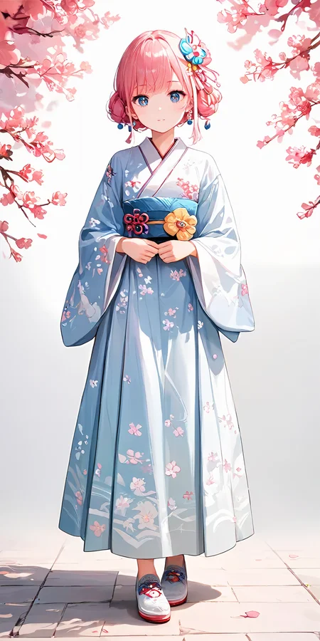 score_9, score_8_up, score_7_up,source_anime, high res image,masterpiece,best quality,girl,cute face,clear skin,shiny hair,ultra detailed eyes,simple background,
<lora:hanfu_Pony_V1.0:1> jyojifuku, hair ornament, floral print,shoes,cheer blossom