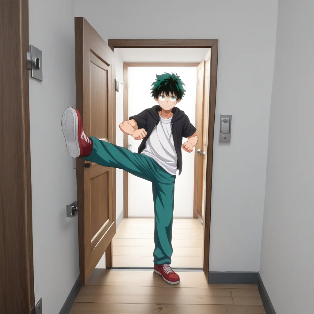 score_9, score_8_up, score_7_up, score_6_up, score_5_up, score_4_up, zPDXL2,source_anime,rating_questionable, 1boy, solo, cowboy shot, smile, indoors, doorway, Deku Izuku Midoriya <lora:doorkick:0.8> drk1ck, kicking, open door