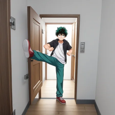 score_9, score_8_up, score_7_up, score_6_up, score_5_up, score_4_up, zPDXL2,source_anime,rating_questionable, 1boy, solo, cowboy shot, smile, indoors, doorway, Deku Izuku Midoriya <lora:doorkick:0.8> drk1ck, kicking, open door