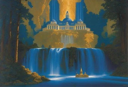 award winning painting of a floating castle in the air, a waterfall flows from the castle to the ground, epic composition, detailed, parts made of deep blue crystal, intricate, Maxfield Parrish Style page