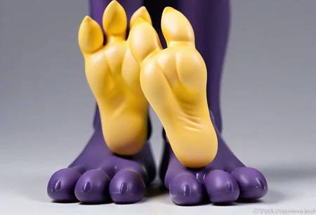 tox_amped, barefoot, purple feet, yellow soles, 3 toes, standing, foot focus, close-up