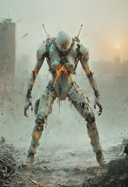 a combat cyborg, battle damaged, looking at the sunset over a faraway distopian city, colorful, muted rusted eroded paint, looking defeated,