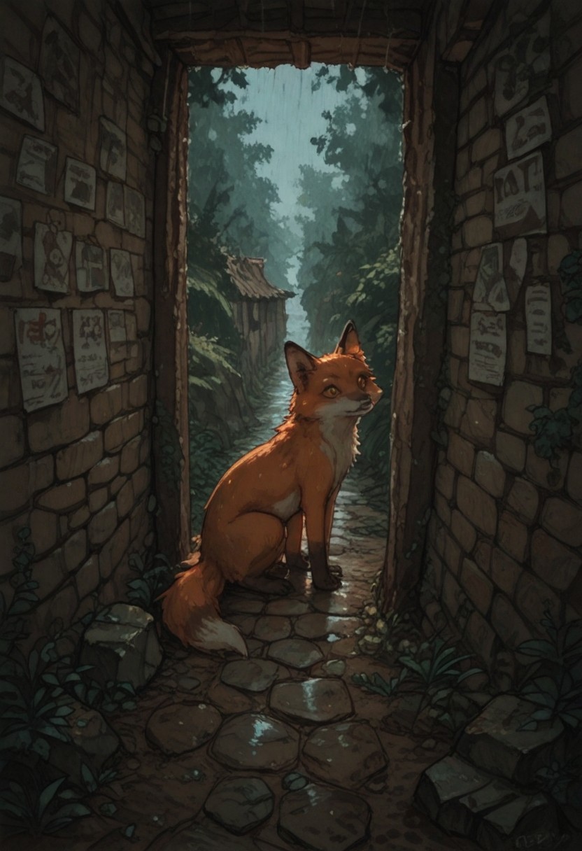 score_9, score_8_up, score_7_up, Expressiveh, best quality, masterpiece, newest, absurd res, hi res, very awa, fox, honovy, (mucknagabe:0.7), (akai sashimi:0.5), (studio ghibli:0.5), (96yottea:0.3), (rei \(sanbonzakura\):0.3),  realistic feral, slim, no sclera, solo, headshot portrait, looking up at viewer, side view, no humans, (peeking around corner:1.1), (curious:1.1), (doorway:1.1), high-angle view, (stone cottage:1.1), crumbling wall, dilapidated, rocks, moss, highlands, scotland, rural, overcast, rain, mist, early morning, dim, ethereal, cinematic lighting, dramatic, landscape, architecture, postcard, (lineart:0.6), watercolor, vintage, zPDXL3, detailxl, Score_PnyReal,