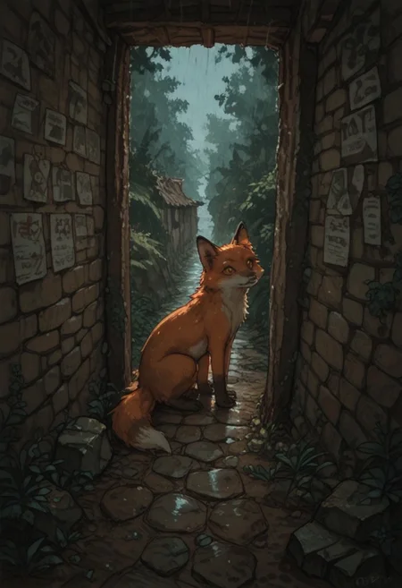 score_9, score_8_up, score_7_up, Expressiveh, best quality, masterpiece, newest, absurd res, hi res, very awa, fox, honovy, (mucknagabe:0.7), (akai sashimi:0.5), (studio ghibli:0.5), (96yottea:0.3), (rei \(sanbonzakura\):0.3), realistic feral, slim, no sclera, solo, headshot portrait, looking up at viewer, side view, no humans, (peeking around corner:1.1), (curious:1.1), (doorway:1.1), high-angle view, (stone cottage:1.1), crumbling wall, dilapidated, rocks, moss, highlands, scotland, rural, overcast, rain, mist, early morning, dim, ethereal, cinematic lighting, dramatic, landscape, architecture, postcard, (lineart:0.6), watercolor, vintage, zPDXL3, detailxl, Score_PnyReal,