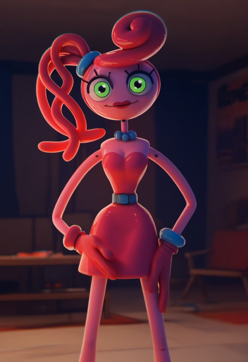 zPDXL, zPDXLxxx, score_9, score_8_up, score_7_up, score_6_up, score_5_up, score_4_up, BREAK 3d, <lora:Mommy_Long_Legs_Poppy_Playtime_for_PonyXL:0.8>, mommy_long_legs, 1girl, solo, noodle neck, noodle waist, looking at viewer,  smile, indoors, noodle arms, noodle legs, standing, gloves, lipstick, eyelashes, dress, miniskirt, belt