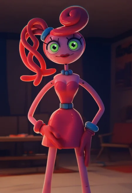 zPDXL, zPDXLxxx, score_9, score_8_up, score_7_up, score_6_up, score_5_up, score_4_up, BREAK 3d, <lora:Mommy_Long_Legs_Poppy_Playtime_for_PonyXL:0.8>, mommy_long_legs, 1girl, solo, noodle neck, noodle waist, looking at viewer, smile, indoors, noodle arms, noodle legs, standing, gloves, lipstick, eyelashes, dress, miniskirt, belt