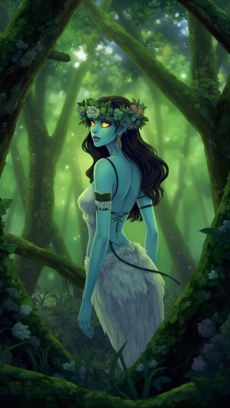 <lora:ck-LttleGhost-000011.safetensors:1> in the style of ck-lttlegh0stAn ethereal elf woman with striking blue-green skin and glowing yellow eyes stands within a lush, enchanted forest, her delicate features framed by a floral crown. The soft atmosphere is infused with intricate details, inviting the viewer into a mystical world of fantasy and magic.