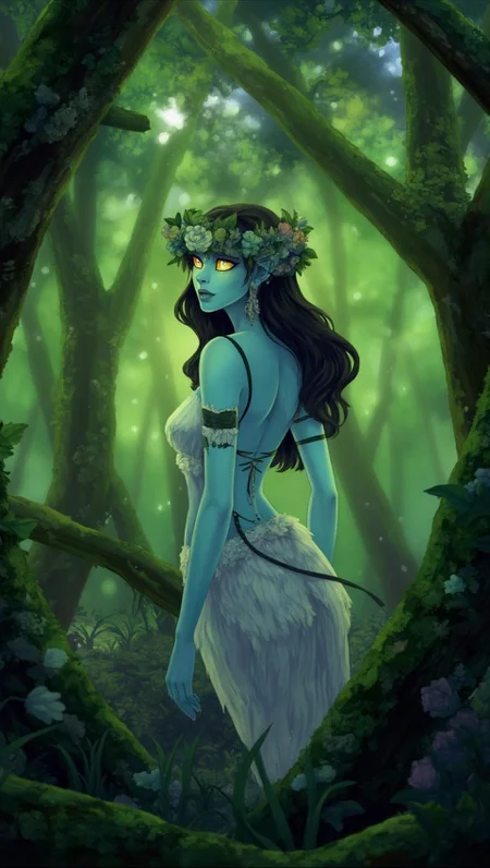 <lora:ck-LttleGhost-000011.safetensors:1> in the style of ck-lttlegh0stAn ethereal elf woman with striking blue-green skin and glowing yellow eyes stands within a lush, enchanted forest, her delicate features framed by a floral crown. The soft atmosphere is infused with intricate details, inviting the viewer into a mystical world of fantasy and magic.
