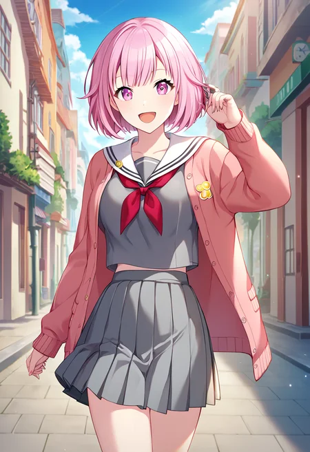 otori_emu, pink hair, short hair, pink eyes, official art, pink eyes, white sailor collar, cardigan, skirt, pink cardigan, pleated skirt, school uniform, white sailor collar, red neckerchief, , grey shirt, open cardigan, grey skirt, BREAK outside, city street, BREAK looking at viewer, sexy face, sexy smile, open mouth, cowboy shot BREAK score_9, score_8_up, score_7_up, source_anime ,zPDXL, perfect hand, <lora:Otori_Emu:0.8>