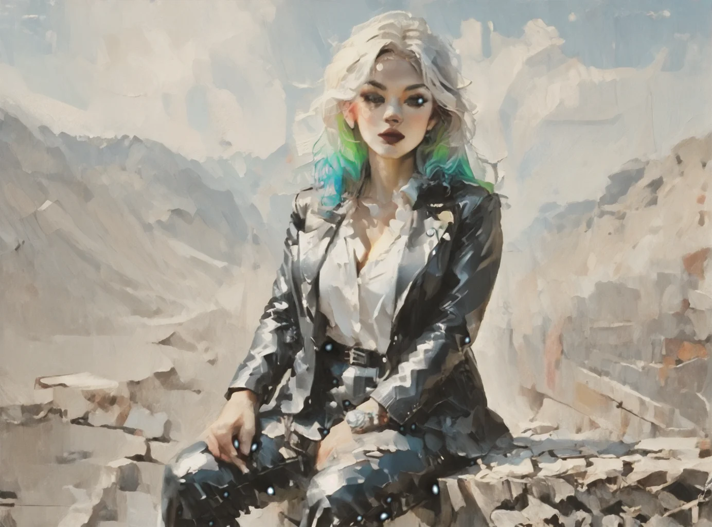 score_9, score_8_up, score_7_up, Environmental scene, character off to side, sitting in repose enjoying the view, woman, pale skin, huge breasts, <lora:sm0k3XLP:1>, <lora:goth_clothes:1>, Black leather jacket, black leather pants, black riding boots, white highlights, neon hair color, two tone hair, <lora:setzstyle7:1>, <lora:OilpaintIMP:1> 0cmtr1g, 0cm, 0cm1sc, 4rch,