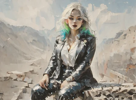 score_9, score_8_up, score_7_up, Environmental scene, character off to side, sitting in repose enjoying the view, woman, pale skin, huge breasts, <lora:sm0k3XLP:1>, <lora:goth_clothes:1>, Black leather jacket, black leather pants, black riding boots, white highlights, neon hair color, two tone hair, <lora:setzstyle7:1>, <lora:OilpaintIMP:1> 0cmtr1g, 0cm, 0cm1sc, 4rch,