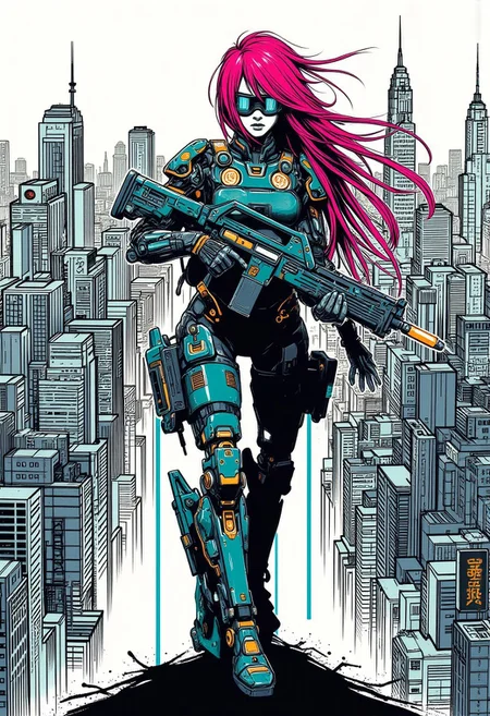 mad-cbrpnksplshrt full of details but with faded outlines, neon ultraviolet hair cyborg girl soldier in combat armor with one robotic arm and one robotic leg holding a pulse rifle, and beautiful sketch of new york city disintegrating into the matrix behind, best quality, sharp image,