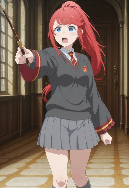 masterpiece, best quality, hires, absurdres, anime screenshot, 1girl, solo, theresia van astrea, bangs, blue eyes, ponytail, red hair, anime screencap, gryffindor,grey sweater, pleated skirt, grey skirt, kneehighs, grey socks, black loafers, maroon necktie, striped necktie, maroon trim, gold trim, emblem, pointing wand, serious, mouth open, yelling, cowboy shot,