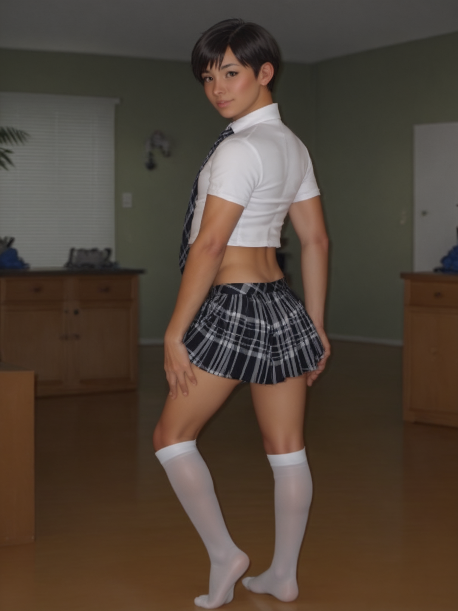 uncensored, score 9 up, score 8 up,
,malebolgia_femboyhalloween, male focus, 1boy, crossdressing, plaid skirt, white socks, plaid necktie, midriff, white shirt, standing, navel, pleated skirt, short hair, realistic, collared shirt, otoko no ko, no shoes, cosplay, school uniform,  asian, petite, femboy, looking back at viewer, ass focus, <lora:Malebolgia_My_Own_Femboy_Halloween_costume_PonyXL:.6>
