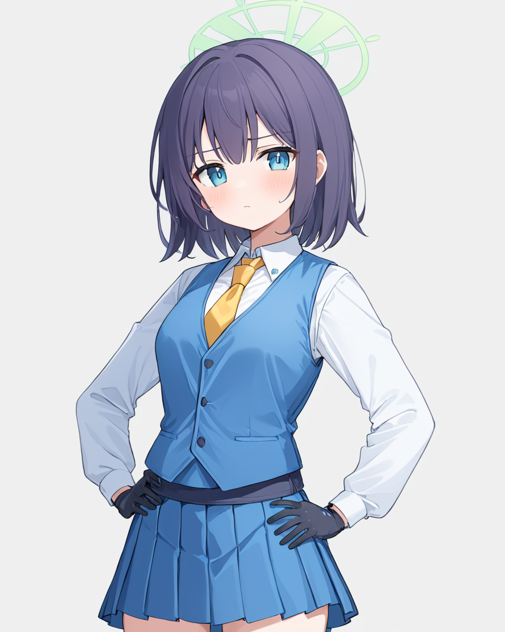 saki \(blue archive\),1girl, black_gloves, blush, halo, blue_vest, hand_on_hip, solo, collared_shirt, sweatdrop, long_sleeves, simple_background, white_background, white_shirt, closed_mouth, blue_skirt, yellow_necktie
<lora:saki_(blue_archive)_image1485_2023-11-28-000012:1>halo. gorgeous,key visual, vibrant, studio anime,award-winning, professional, highly detailed,high budget, cinemascope
