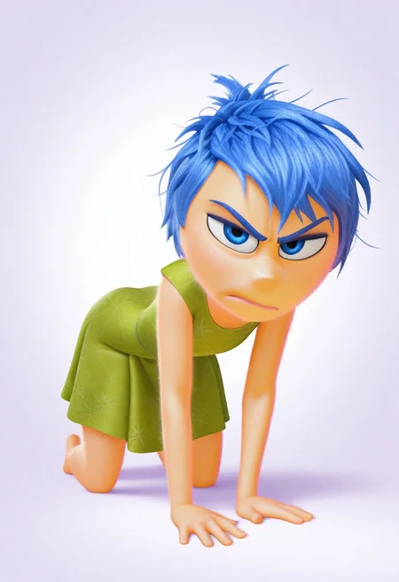 solo, joyemotion, looking at viewer, green dress, all fours, annoyed, messy hair, blank background