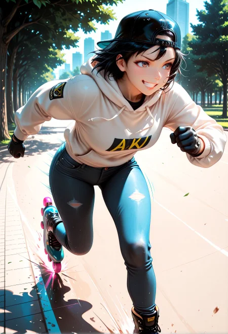 Smooth Quality, 1girl, black hair, boots, gloves, hoodie, jeans, pants, cap, solo, backwards hat, grin, speed lines, running, roller skatting, inline skates, park, <lora:Smooth_Booster:0.5> <lora:Smooth_Lighting_Enhancer:0.25>