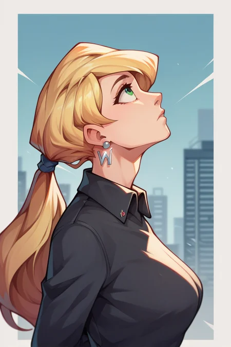 score_9, score_8_up, score_7_up, score_6_up, score_5_up, score_4_up, BREAK <lora:wendy0809-sdxl-000018:1>, wendy watermelons, 1girl, solo, breasts, long hair, ponytail, green eyes, blonde hair, looking up, head up, black shirt, collared shirt, popped collar, upper body, cityscape, profile, from side, portrait, white background, arms behind back, zoom layer, earrings