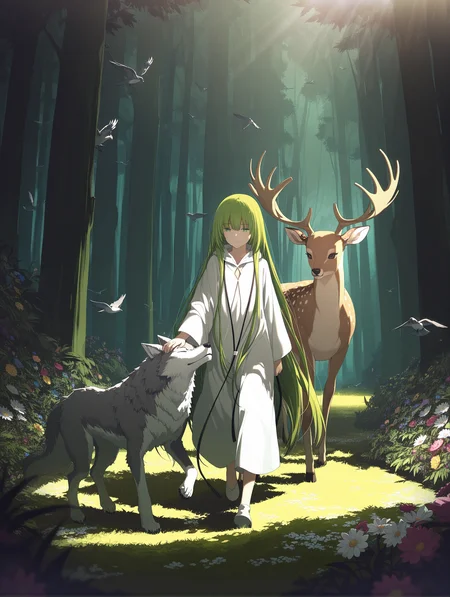 (artist:fajyobore:0.6), (artist:kieed), artist:ogipote, , enkidu \(fate\), fate \(series\), light smile, walking, bird, deer, petting, forest, sunlight, flower, animal, candid shot, wolf,
,masterpiece,best quality,amazing quality,