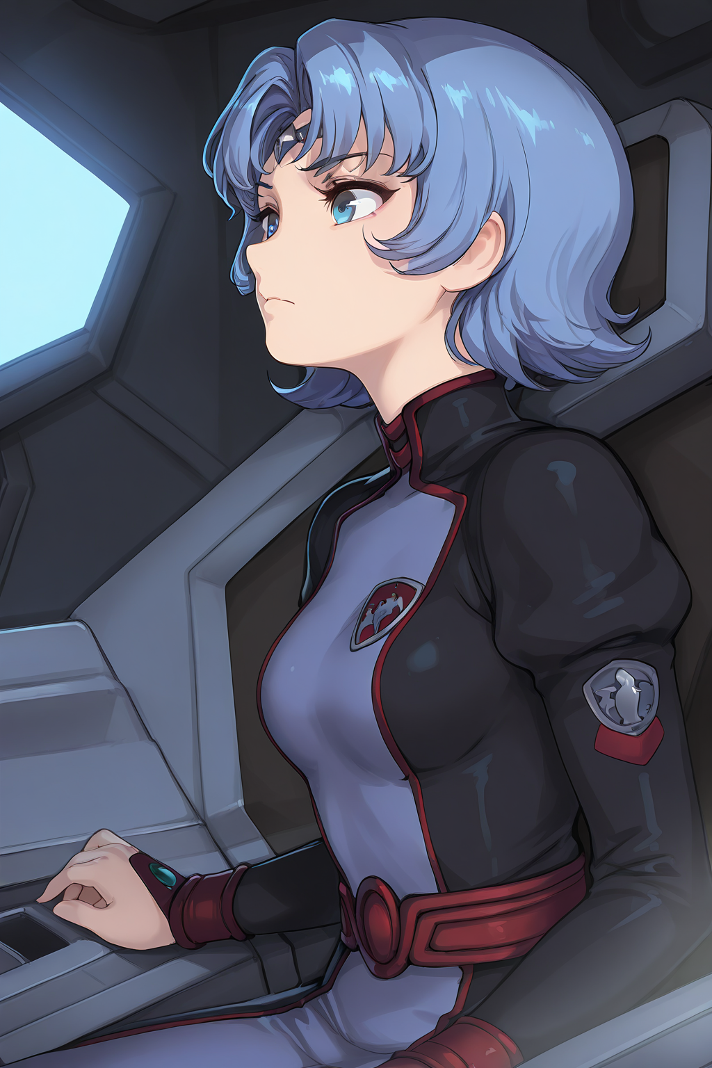 1girl, ETHairstyle, ETOutfit,
general, solo, perspective, dutch angle, from side, upper body,
blue hair, blue eyes, eyelashes, pointy ears,
circlet, multicolored bodysuit, emblem, red belt,
serious, pilot, sitting, 
science fiction, starcraft, 
depth of field,
<lora:kp_EkuryuaSeikaiIllustrious_v1_0:1.0>,
masterpiece, best quality, amazing quality