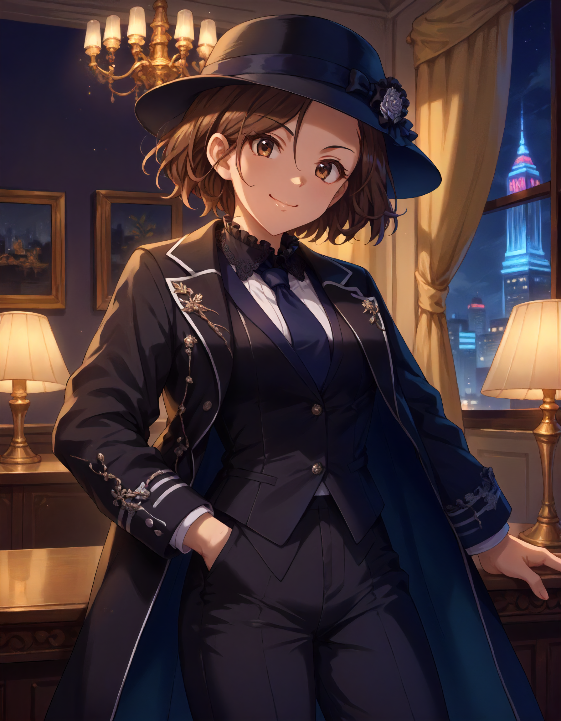 score_9,score_8_up,score_7_up,1girl,solo,looking at viewer,smile,closed mouth,night city,indoors,
<lora:mizukiseira_ponyXLV6:0.8>,cgmsr,brown hair,short hair,brown eyes,
formal,black hat,black coat,vest,frilled collar,navy necktie,black pants