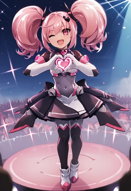 score_4,score_5,score_6,score_7_up,score_8_up,score_9
((masterpiece,best quality,ultra detailed,highres,HD,4k:1.2)),
1 cute girl,girl forcus,
full body,long hair,twintail,pink hair,pink eyes,Black conjunctiva,
elbow gloves,covered navel,body suit,skirt,boot,black knee socks,
stage,idol stage,((Make a heart symbol with both hands, heart with both hands,heart hands,heart symbol)), looking at the audience,
happy, smile, open mouth,wink,