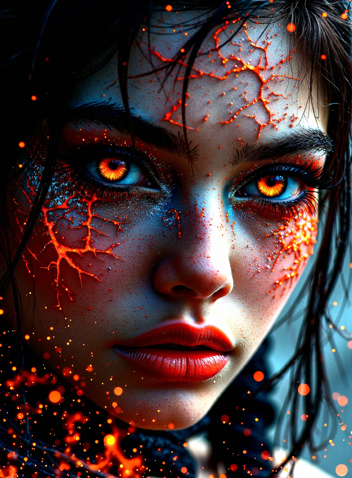 extremely photorealistic depiction of Lava-infused being, A close-up of a female character with volcanic skin, glowing red eyes, and molten cracks across their face. Extreme sharp focus on the character face preventing blur on the character face