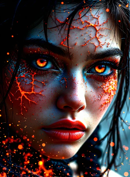 extremely photorealistic depiction of Lava-infused being, A close-up of a female character with volcanic skin, glowing red eyes, and molten cracks across their face. Extreme sharp focus on the character face preventing blur on the character face









