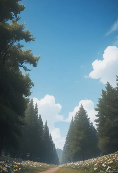 score_9, score_8_up, score_8, score_7_up, score_7, a tall flower, trees, blue sky,