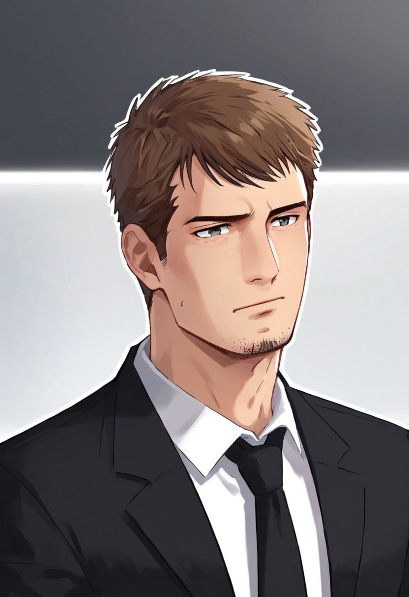kyle_hyde, smooth anime image, man, brown hair, stubble, gray eyes, upper body, formal black suit, white collared shirt, black necktie, office background