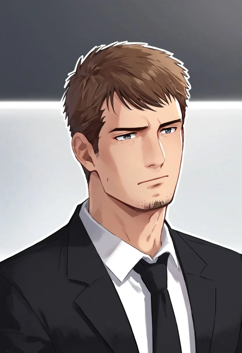kyle_hyde, smooth anime image, man, brown hair, stubble, gray eyes, upper body, formal black suit, white collared shirt, black necktie, office background
