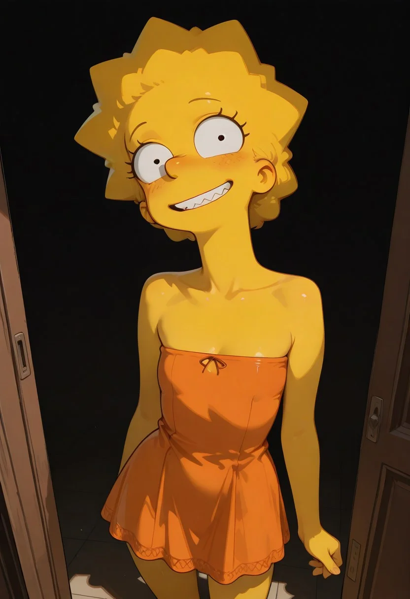 masterpiece, newest, absurdres, incredibly absurdres, best quality, amazing quality, very aesthetic, newest, , 1girl, solo, lisa_simpsons, detailed, dramatic light, high detail, sharp shading, centered composition, soft shadows, (dark room), decorative, warm light, volumetric lighting, raytracing, shadows, perspective, depth of, usnr, standing, sexy pose, happy face, sexy, orange tube dress with zigzag hem shirt, showing the groin, pleasure face, bare shoulder, strapless dress, sleeveless,