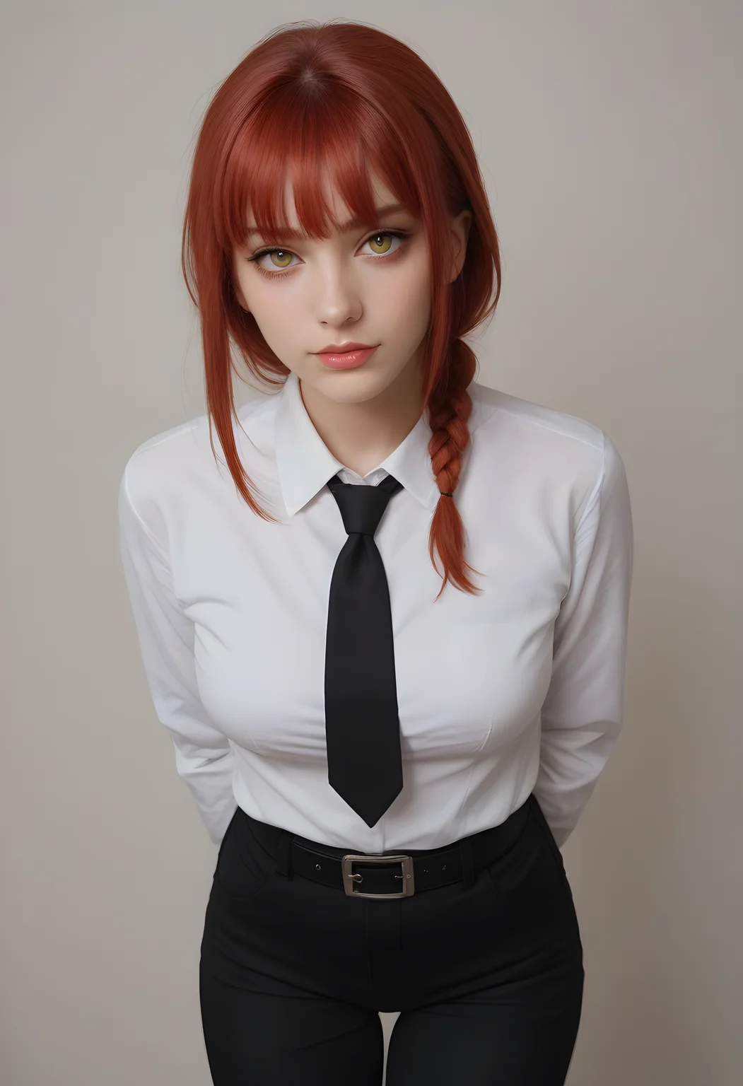 score_9, score_8_up, score_7_up, BREAK, The image shows a woman with red hair wearing a white shirt, black tie, and black pants, posing for a picture against a white background. On the left side of the image, there is some edited text. realistic, makima \(chainsaw man\), 1girl, solo, long hair, breasts, looking at viewer, bangs, simple background, shirt, white background, closed mouth, yellow eyes, white shirt, braid, sidelocks, red hair, necktie, collared shirt, belt, pants, blunt bangs, leaning forward, arms behind back, black pants, formal, black necktie, braided ponytail, shirt tucked in, ringed eyes, high-waist pants, photo, real hair, detailed skin, highly detailed, detailed skin, film grain, <lora:zy_AmateurStyle_v2:0.45>