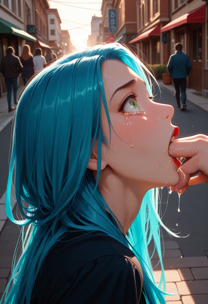 masterpiece, best quality, very aesthetic, absurdres, cinematic lighting, detailed, intricate details, dynamic angle,
BREAK,
1girl, stunning 24yo, long hair, blue hair, green eyes, red lips, 
BREAK,
(standing:1.2),
(profile, from side),
(hand in another's mouth), open mouth, face focus, mouth focus,
saliva, 
BREAK,
angry, tears, tearing up, blushing, wince, wide eyed,
BREAK,
on the sidewalk, public street, day, sunlight, people in the background,