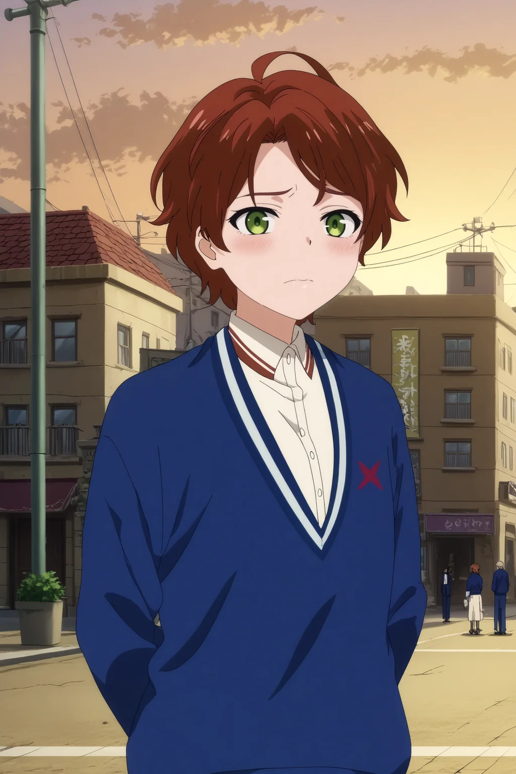 sawaki momoe,1girl,solo,short hair,ahoge,brown hair,blue jacket,school uniform,mole under eye,mole,shirt,white shirt,collared shirt,arms behind the back,upper body BREAK outdoors,orange sky,road,city_lights <lora:Sawaki_Momoe_-_Wonder_Egg_Priority.safetensors:0.8> <lora:detailed_backgrounds_v2.safetensors:0.5>