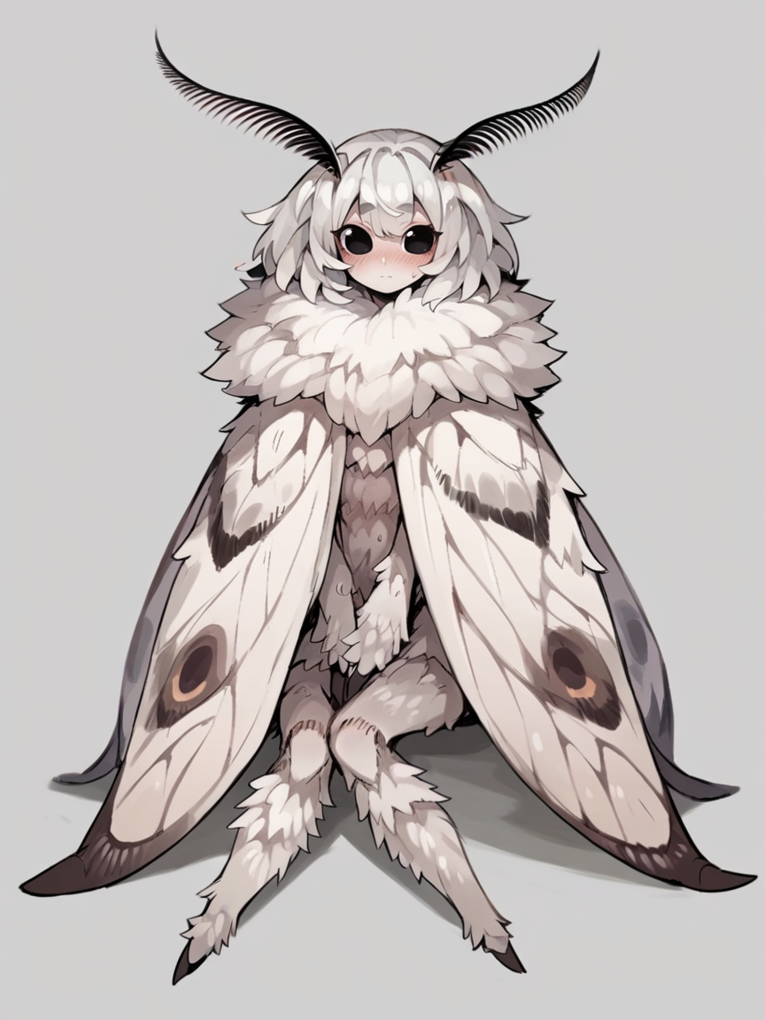 score_9, score_8_up, score_7_up, score_6_up, score_5_up,  <lora:mothXLP:1> moth, 1girl, solo, arthropod girl, simple background, antennae, looking at viewer, grey background, monster girl, wings, full body, sitting, white hair, blush