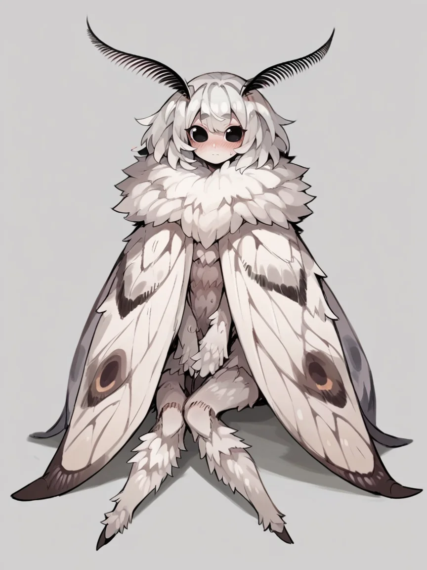 score_9, score_8_up, score_7_up, score_6_up, score_5_up, <lora:mothXLP:1> moth, 1girl, solo, arthropod girl, simple background, antennae, looking at viewer, grey background, monster girl, wings, full body, sitting, white hair, blush