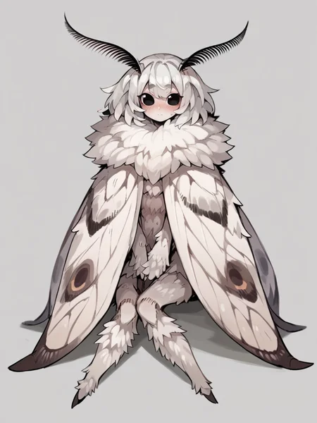 score_9, score_8_up, score_7_up, score_6_up, score_5_up, <lora:mothXLP:1> moth, 1girl, solo, arthropod girl, simple background, antennae, looking at viewer, grey background, monster girl, wings, full body, sitting, white hair, blush