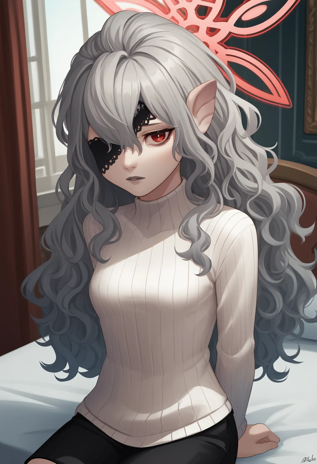 score_9_up, score_8_up, score_7_up, source_anime BREAK 1girl, solo, <lora:embla-fe-richy-v1_pdxl:1> mbl, red eyes, eyepatch, grey hair, long hair, pointy ears, halo, wavy hair, small breasts, ribbed sweater, white sweater, turtleneck sweater, looking at viewer, parted lips, arms behind back, indoors, sitting