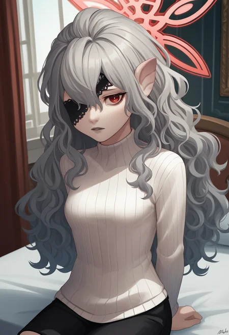 score_9_up, score_8_up, score_7_up, source_anime BREAK 1girl, solo, <lora:embla-fe-richy-v1_pdxl:1> mbl, red eyes, eyepatch, grey hair, long hair, pointy ears, halo, wavy hair, small breasts, ribbed sweater, white sweater, turtleneck sweater, looking at viewer, parted lips, arms behind back, indoors, sitting