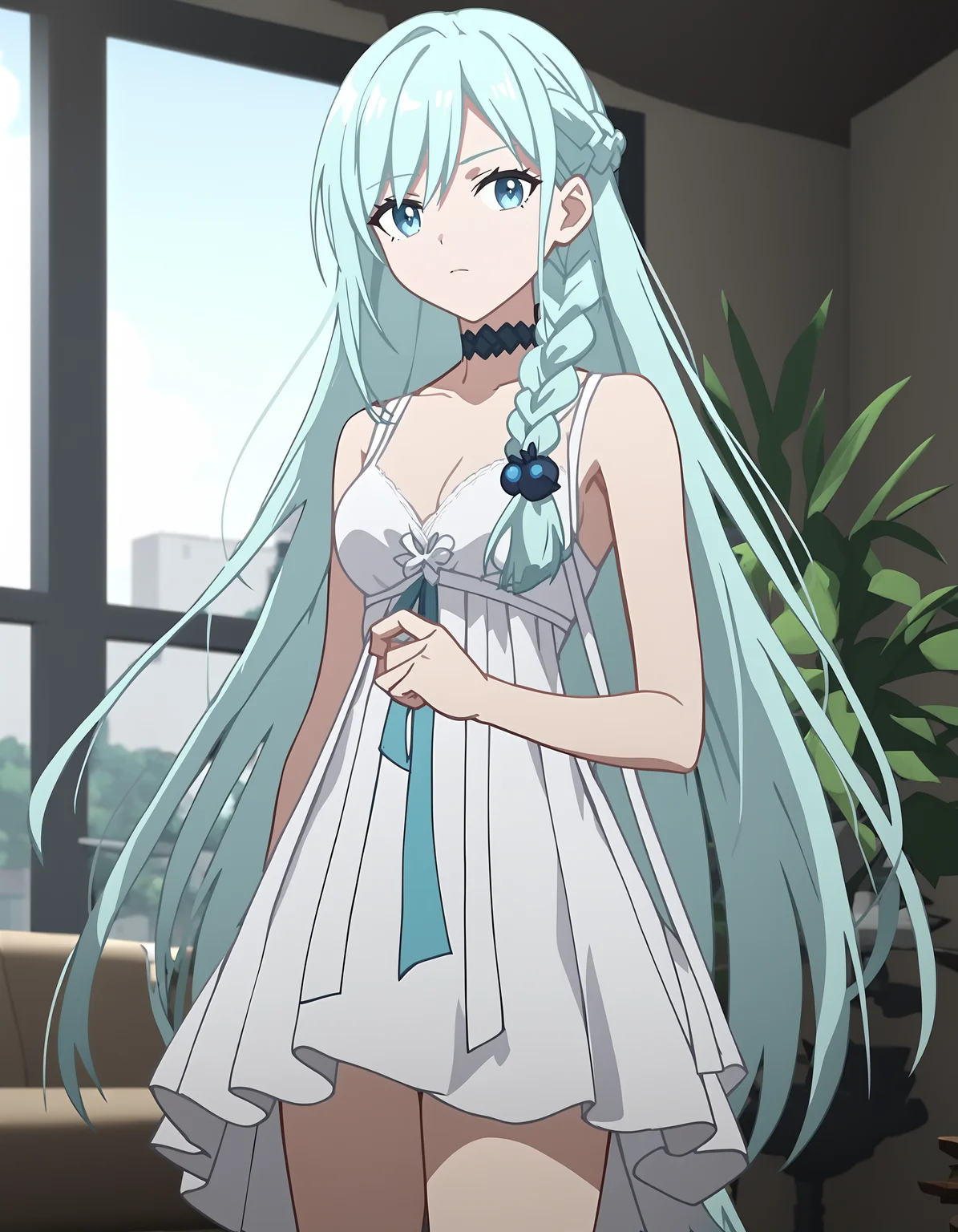 score_9,score_8_up,score_7_up,evening_gown,indoors,simple_background,
<lora:yuebai_pony:0.7>,yuebai,1girl,solo,long hair,very long hair,braid,blue eyes,bangs,choker,hair ornament,
looking at viewer,depth of field,anime screencap,cinematic_angle,over-kneehighs,skirt hold,<lora:Anime_Screencap:1>,anime screencap,early teen,