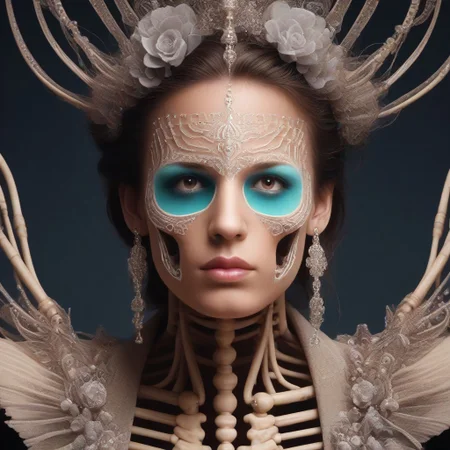 Intricately detailed skeleton voodoo woman, Vibrant earthen color scheme, masterpiece, best quality, ultra detailed, hires, 8k uhd, cinematic lighting