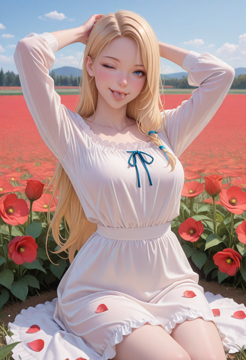 masterpiece, very aesthetic, best quality, absurdres, newest, solo,
<lora:ILLANagi:1.0>
LANagi, 1girl, blonde hair, long hair, blue eyes, looking at viewer, one eye closed, flower field, sitting, tongue out, petals, long sleeves, arms up, blush, outdoors, smile, ;p, red flower