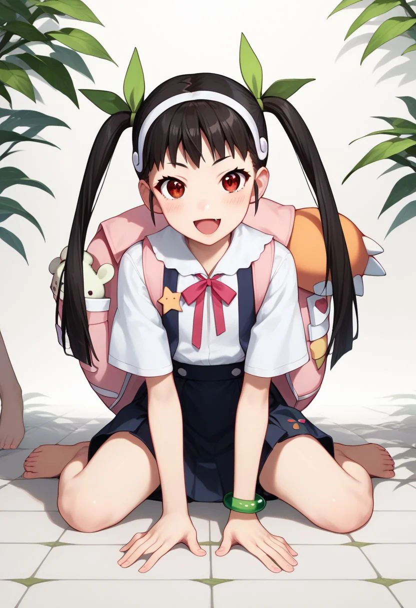 score_9, score_8_up, score_7_up, score_6_up, score_5_up, score_4_up, source_anime, masterpiece,
fair skin, cute, young, petite, thin waist, beautiful legs, barefoot, blushing,
look at viewer, from front, straight-on, full body view,
<lora:hachikuji mayoi:1>,hachikuji mayoi,black hair,suspender skirt,fang,backpack,shirt,twintails,red eyes,skin fang,hairband,white shirt,jewelry,bracelet,short sleeves,hair ribbon,black skirt,neck ribbon,star \(symbol\),white hairband,
kneel down on the ground and apologize, hands on ground