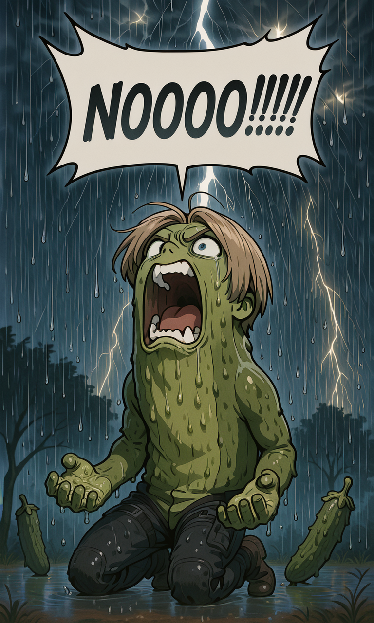 embedding:IllusP0s, pickle rickalized, green skin, speech bubble, NOOO!!!, screaming, kneeling, leon kennedy, 1boy, solo, contrast lighting, outdoors, arms by side, thunderstorm, raining,<lora:NOOO_illustrious.safetensors:1.0:1.0> <lora:Pickle Rickalized_illustrious.safetensors:1:1>