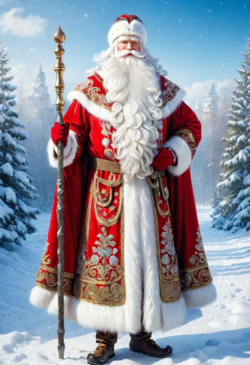 ((best quality)), ((masterpiece)), detailed soft oil painting, detailed background, soft edge lighting, professional, ultra quality, 4k,(masteriece, best quality, 8k, ultra highres, highres:1.4), extremely detailed, 
((a strong man of 60 years old with a long snow-white beard in the image of Russian, slavic Ded Moroz)) 
(standing:2) (full body photo:2) in the snowy forest, 
stands in a snowy forest among snow-covered fir trees, 
in a white fur coat trimmed with swan down or sable fur, embroidered with traditional Russian ornaments in silver - stars, crosses, geese, drawing in the style of oil painting, medium brush strokes, khokhloma style, slavic style, 
On the head is a traditional white warm boyar hat in the shape of a semi-oval, decorated with traditional Russian silver and pearl embroidery, trimmed with swan's down.
on her hands are huge white three-fingered mittens, decorated with traditional Russian silver embroidery.
The fur coat is tied with a white sash, embroidered with traditional Russian patterns.
On his feet are exclusively white felt boots embroidered with silver.
(((With his right hand he holds a long magical crystal staff with a twisted handle. The staff is decorated with a moon and a bull's head))). 
looks at the viewer, cheerful calm kind look, kind smile, cheeks red from frost, 
winter, a bright sunny frosty day, fluffy Christmas trees in snow, snow sparkles under the rays of the sun,
 by Viktor Vasnetsov, by Vasily Surikov
