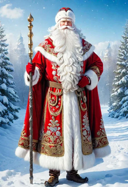 ((best quality)), ((masterpiece)), detailed soft oil painting, detailed background, soft edge lighting, professional, ultra quality, 4k,(masteriece, best quality, 8k, ultra highres, highres:1.4), extremely detailed, 
((a strong man of 60 years old with a long snow-white beard in the image of Russian, slavic Ded Moroz)) 
(standing:2) (full body photo:2) in the snowy forest, 
stands in a snowy forest among snow-covered fir trees, 
in a white fur coat trimmed with swan down or sable fur, embroidered with traditional Russian ornaments in silver - stars, crosses, geese, drawing in the style of oil painting, medium brush strokes, khokhloma style, slavic style, 
On the head is a traditional white warm boyar hat in the shape of a semi-oval, decorated with traditional Russian silver and pearl embroidery, trimmed with swan's down.
on her hands are huge white three-fingered mittens, decorated with traditional Russian silver embroidery.
The fur coat is tied with a white sash, embroidered with traditional Russian patterns.
On his feet are exclusively white felt boots embroidered with silver.
(((With his right hand he holds a long magical crystal staff with a twisted handle. The staff is decorated with a moon and a bull's head))). 
looks at the viewer, cheerful calm kind look, kind smile, cheeks red from frost, 
winter, a bright sunny frosty day, fluffy Christmas trees in snow, snow sparkles under the rays of the sun,
 by Viktor Vasnetsov, by Vasily Surikov