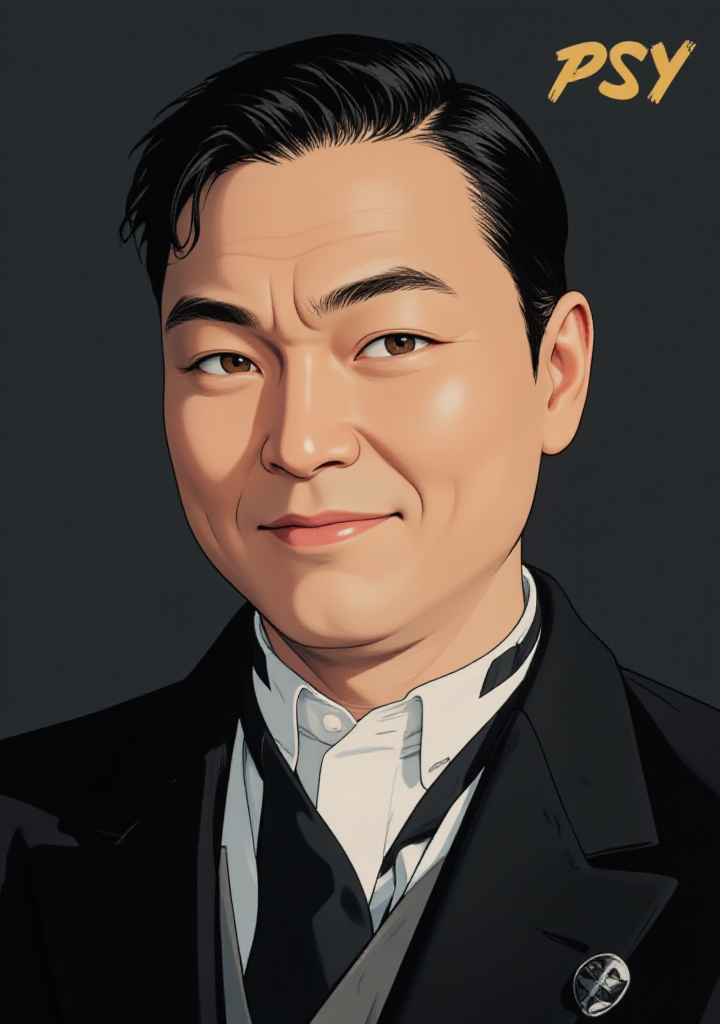 A high-contrast, illustrated headshot of a middle-aged man. He wears a tailored, black suit with a crisp, white shirt and a slim, black tie, complete with a subtle, silver pin on his lapel, as he gazes directly at the viewer with a charming, enigmatic smile. The background is a deep, dark gray, allowing the subject's features to take center stage. The illustration style is reminiscent of 1960s spy fiction, with bold lines, sharp angles, and a sense of sleek, modern sophistication. The title text "PSY" emblazoned across the top of the image in bold, fun letters.