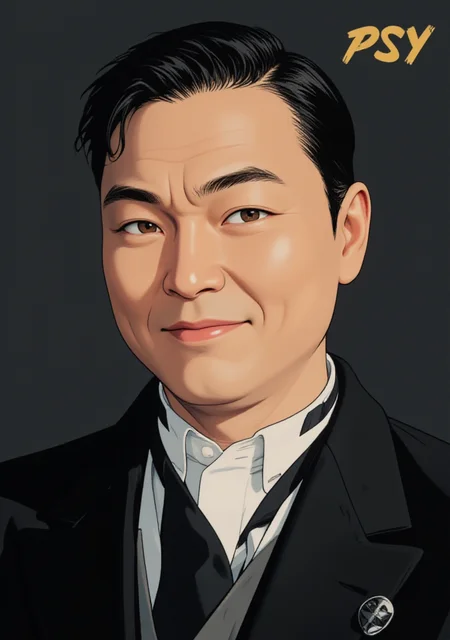 A high-contrast, illustrated headshot of a middle-aged man. He wears a tailored, black suit with a crisp, white shirt and a slim, black tie, complete with a subtle, silver pin on his lapel, as he gazes directly at the viewer with a charming, enigmatic smile. The background is a deep, dark gray, allowing the subject's features to take center stage. The illustration style is reminiscent of 1960s spy fiction, with bold lines, sharp angles, and a sense of sleek, modern sophistication. The title text "PSY" emblazoned across the top of the image in bold, fun letters.